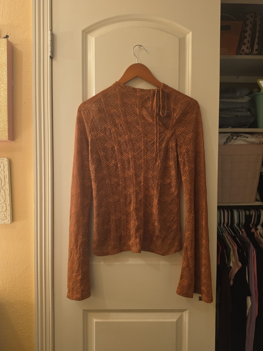 Free People Rust Orange Long Sleeve Tie Neck Blouse Sz Large